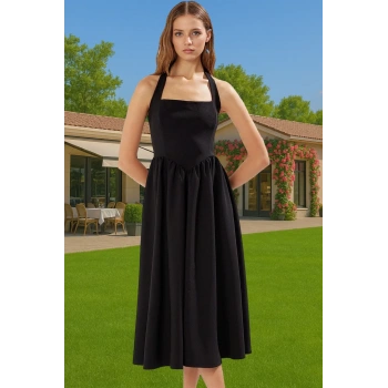 Şık Fiyonk Detaylı Kolsuz Midi Abiye Elbise Profesyonel Görünüm Trend Tasarım Özel Tasarım