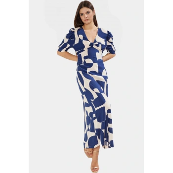 Şık Geometrik Desenli Midi Viskon Elbise Rahat Yazlık Günlük Stil Özenle Seçilmiş Yüksek Kalite