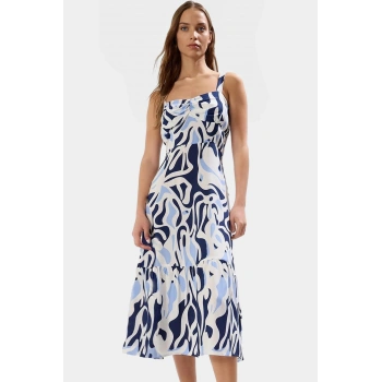 Şık Geometrik Desenli Midi Viskoz Elbise Rahat Nefes Alabilir Kare Yaka Zarifane Tasarım