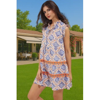 Şık Geometrik Desenli Pamuk Mini Elbise Yazlık Plaj Modası Trend Tasarım Günlük Kullanım İçin