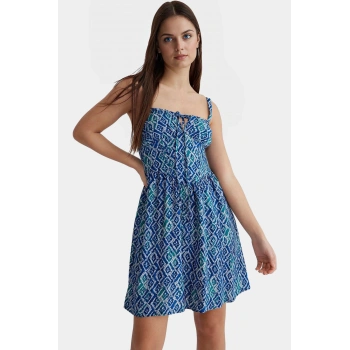 Şık Geometrik Desenli Viskoz Mini Elbise Rahat Yazlık Günlük Tarz Kullanım Konforlu Kesim