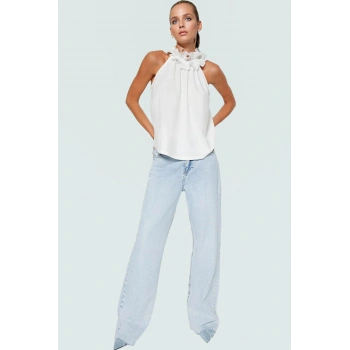 Şık Halter Yaka Bluz Scuba Krep Örme Kumaş Yazlık Konforlu Kesim Zarifane Tasarım