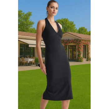 Şık Halter Yaka Bodycon Elbise Taş Detaylı Finike Dokuma Kaliteli İşçilik Kaliteli İşçilik