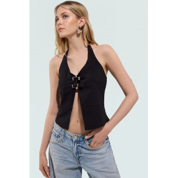 Şık Halter Yaka Kolsuz Bluz Fitted Kalıp Terrycotton Kumaş Zarifane Tasarım Rahat Ve