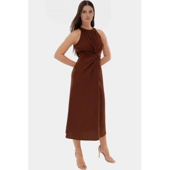 Şık Halter Yaka Midi Elbise Crinkle Dokuma A Line Kesim Günlük Kullanım Premium Kalite