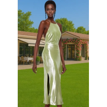 Şık Halter Yaka Midi Elbise Örme Polyester Yazlık Özenle Seçilmiş Mükemmel Uyum Trend Tasarım
