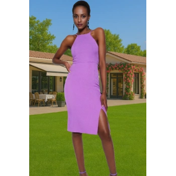 Şık Halter Yaka Midi Elbise Polyester Karışımlı Dokuma Kumaş Günlük Kullanım İçin Özel Tasarım