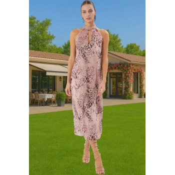 Şık Halter Yaka Şifon Midi Abiye Elbise Dokuma Kumaş Astarlı Rahat Ve Şık Kaliteli İşçilik