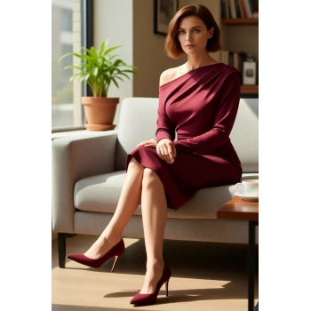 Şık Kadın Asimetrik Yaka Bodycon Kalıp Midi Boy Uzun Kollu Scuba Krep Örme Elbise Günlük ve Özel