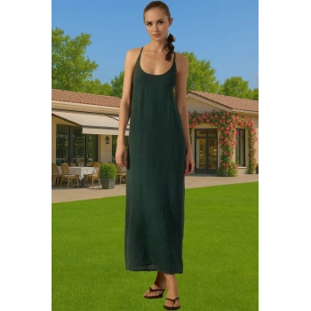 Şık Kadın Keten Maxi Elbise V Yaka Kolsuz Yazlık Rahat Kullanım Rahat Kullanım Modern Stil