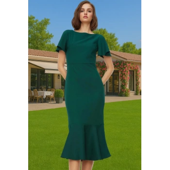 Şık Kadın Kısa Kollu Midi Elbise Polyester Elastan Kumaş Premium Kalite Trend Tasarım Seçkin Malzeme