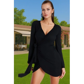 Şık Kadın Mini Elbise Krep Kumaş Uzun Kollu V Yaka Bağlamalı Seçkin Malzeme Konforlu Kesim
