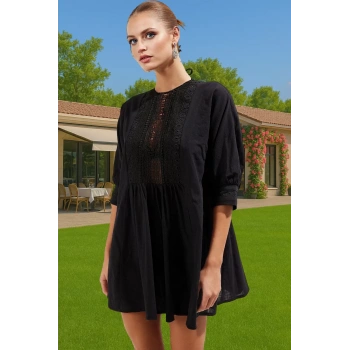 Şık Kadın Mini Plaj Elbisesi Pamuk Dantel Detaylı Rahat Yazlık Mükemmel Uyum Konforlu Kesim