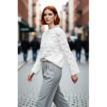 Şık Kadın Oversize Ajurlu Bisiklet Yaka Uzun Kol Triko Kazak Soğuk Havalarda Konfor Sunar Kaliteli