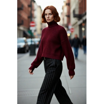Şık Kadın Oversize Düz Bordo Balıkçı Yaka Crop Kesim 100% Akrilik Kışlık Triko Kazak Kaliteli