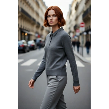 Şık Kadın Polo Yaka Yünlü Triko Kazak Regular Kalıbı İle Gün Boyu Konfor Sunar Kaliteli