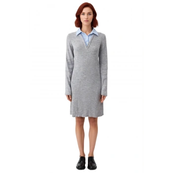 Şık Kadın Renk Bloklu Gömlek Yaka Detaylı Uzun Kollu Triko Mini Elbise Kış Kombinleri İçin İdeal