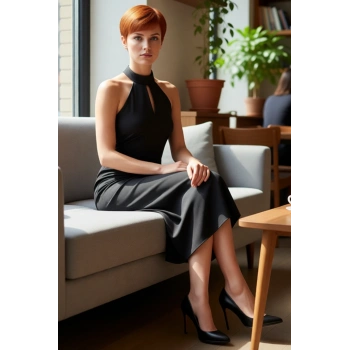 Şık Kadın Saten Midi Elbise Halter Yaka Tasarımı Ile Etkileyici Bir Görünüm Sunuyor Kaliteli