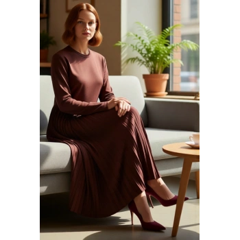 Şık Kadın Scuba Krep Uzun Kol Piliseli A Kesim Maxi Örme Elbise Kış Günlük Kombinler İçin Kaliteli