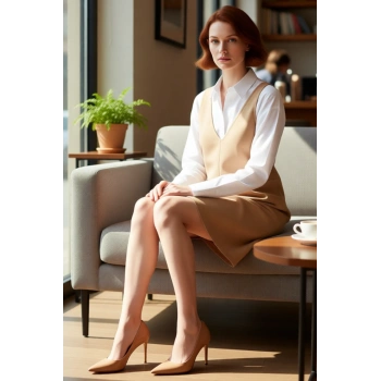 Şık Kadın Süet Dokulu Bej V Yaka Jile Mini Elbise Bodycon Kesim Kış Ve Sonbahar İçin İdeal