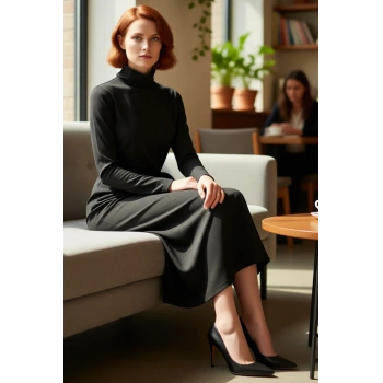 Şık Kadın Tesettür Elbise Düz Desenli Dik Yaka Maxi Boy Örme Kumaş Kış Sezonu İçin Kemer Detaylı