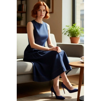 Şık Kadın Volanlı Midi Denim Elbise %100 Pamuk Bisiklet Yaka Rahat Günlük Kombinler İçin Kaliteli