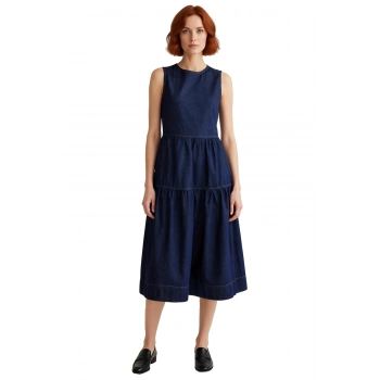 Şık Kadın Volanlı Midi Denim Elbise %100 Pamuk Bisiklet Yaka Rahat Günlük Kombinler İçin Kaliteli