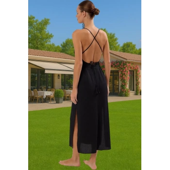 Şık Kadın Yazlık Midi Elbise Crinkle Dokuma V Yaka Tasarım Şık Görünüm Rahat Ve Şık Özenle Seçilmiş