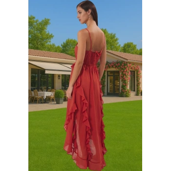 Şık Kadın Yazlık Pamuk Midi Elbise Volan Detayı ile Rahat Yüksek Kalite Zarifane Tasarım