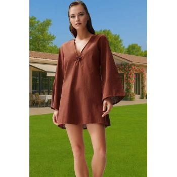 Şık Kadın Yazlık Pamuk Mini Elbise V Yaka Plaj Elbisesi Şık Görünüm Mükemmel Uyum Kaliteli İşçilik