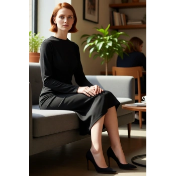 Şık Kadınlara Özel %100 Pamuk Örme Düz Desenli Bodycon Midi Elbise Uzun Standart Kol Kaliteli