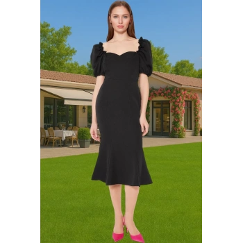 Şık Kalp Yaka Kısa Kollu Polyester Abiye Elbise Premium Kalite Dayanıklı Malzeme Kaliteli İşçilik