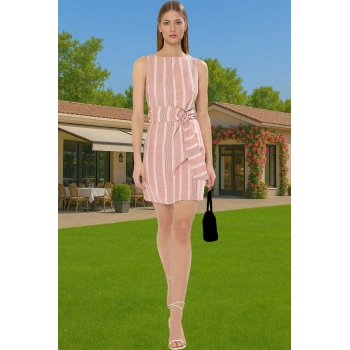 Şık Keten Dokulu Çizgili Mini Elbise Kemerli Viskoz Karışımlı Yazlık Özel Tasarım Modern Stil