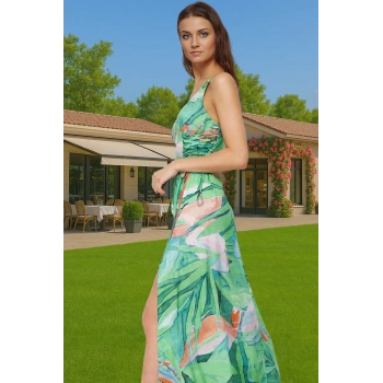 Şık Maxi Elbise V Yaka Kolsuz Dokuma Viskoz Plaj Elbisesi Özel Tasarım Modern Stil Dayanıklı Malzeme