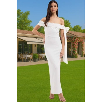 Şık Maxi Örme Abiye Elbise Omuz Fiyonk Detaylı Krep Kumaş Şık Görünüm Modern Stil Konforlu Kesim