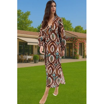 Şık Maxi Plaj Elbisesi %100 Pamuk Keten Görünümlü Etnik Desen Konforlu Kesim Kaliteli İşçilik