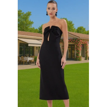 Şık Midi Boy Straplez Fiyonklu Abiye Elbise Dokuma Kumaştan Günlük Kullanım İçin Özel Tasarım