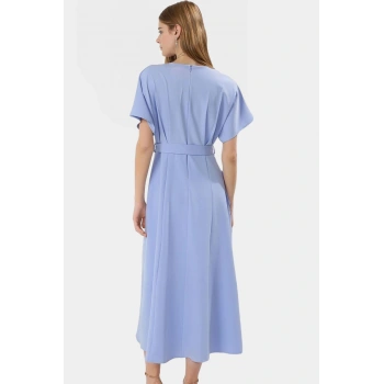 Şık Midi Elbise Finike Dokuma Polyester A line Kesim Kemer Detaylı Seçkin Malzeme