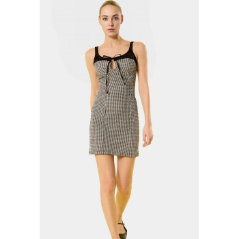 Şık Mini Ekose Elbise Vücudu Saran Bağcıklı Havuz Yaka Polyester Yazlık Dayanıklı Malzeme