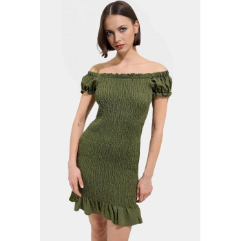 Şık Mini Elbise 85% Viskoz 15% Poliamid Kumaş Balon Kol Bodycon Kalıp Trend Tasarım