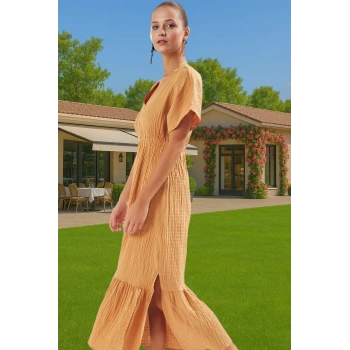 Şık Müslin Maxi Elbise Yazlık Plaj için Büzgü Detaylı Trend Tasarım Uzun Ömürlü Profesyonel Görünüm