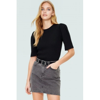 Şık Örme Bluz Bisiklet Yaka Balon Kol Polyester Pamuk Karışımı Yüksek Kalite Mükemmel Uyum