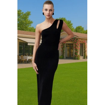 Şık Parıltılı Simli Bodycon Elbise Asimetrik Yaka Tasarım Modern Stil Şık Görünüm Modern Stil