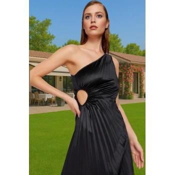 Şık Pilise Detaylı Tek Omuz Saten Elbise Midi Boy Zarifane Tasarım Uzun Ömürlü Özel Tasarım