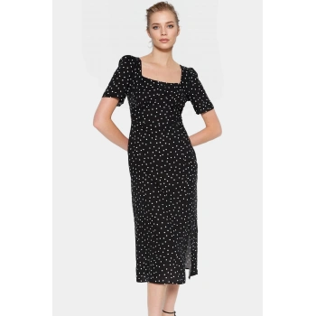 Şık Puantiyeli Midi Elbise Viskoz Kumaş A Line Günlük Seçkin Malzeme Özel Tasarım Uzun Ömürlü