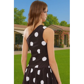 Şık Puantiyeli Poplin Mini Elbise Asimetrik Yaka Yazlık Balo Elbisesi Trend Tasarım Özenle Seçilmiş