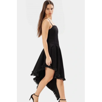 Şık Püsküllü Denim Midi Elbise Pamuk Asimetrik Kare Yaka Günlük Görünüm