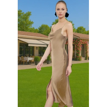 Şık Saten Midi Abiye Elbise Polyester Kumaştan Özel Tasarım Uzun Ömürlü Profesyonel Görünüm
