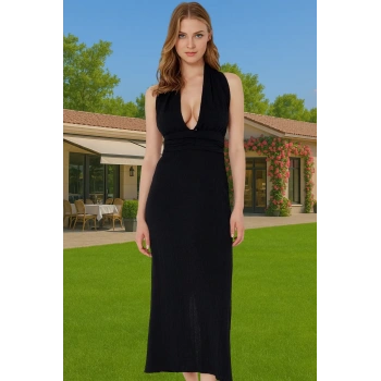 Şık Sırt Dekolteli Maxi Plaj Elbisesi Keten Karışımlı Dokuma Kumaş Şık Görünüm Mükemmel Uyum