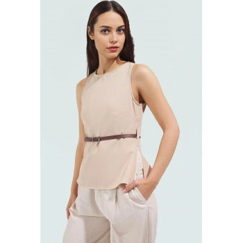 Şık Slim Fit Bluz Bisiklet Yaka Kemer Detay Finike Dokuma Zarifane Tasarım Konforlu Kesim